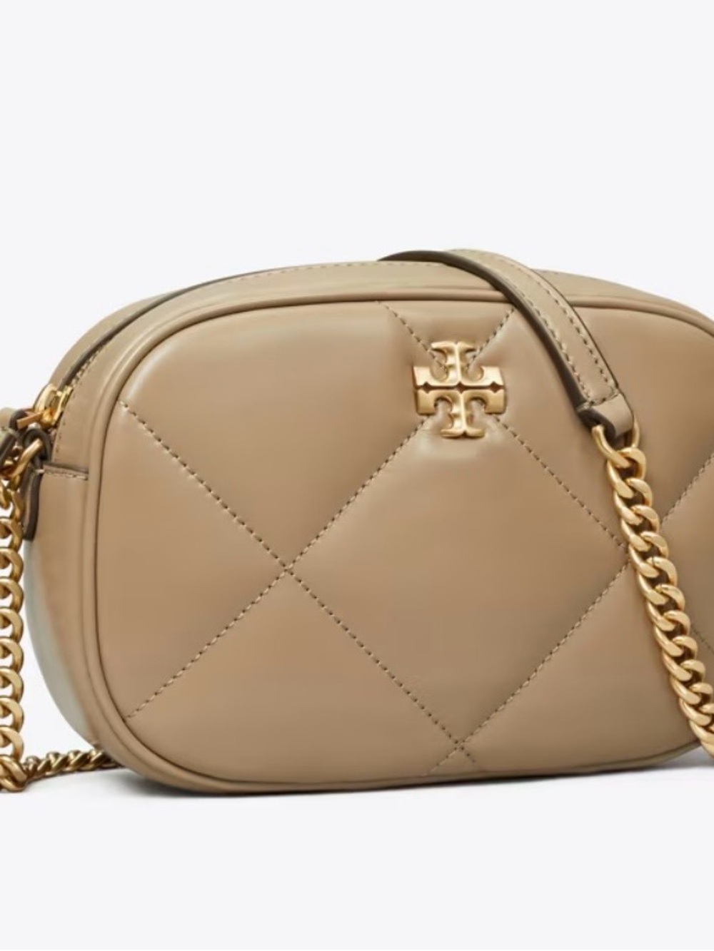Tory Burch Quilted Camera Crossbody in Beige with Gold Hardware